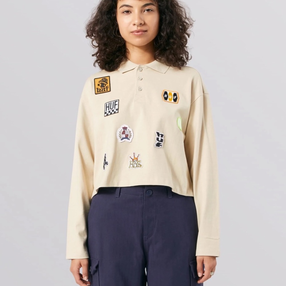 HUF Patches Polo Tee Women’s Size Small Stone Long Sleeve T-Shirt Cropped Skater